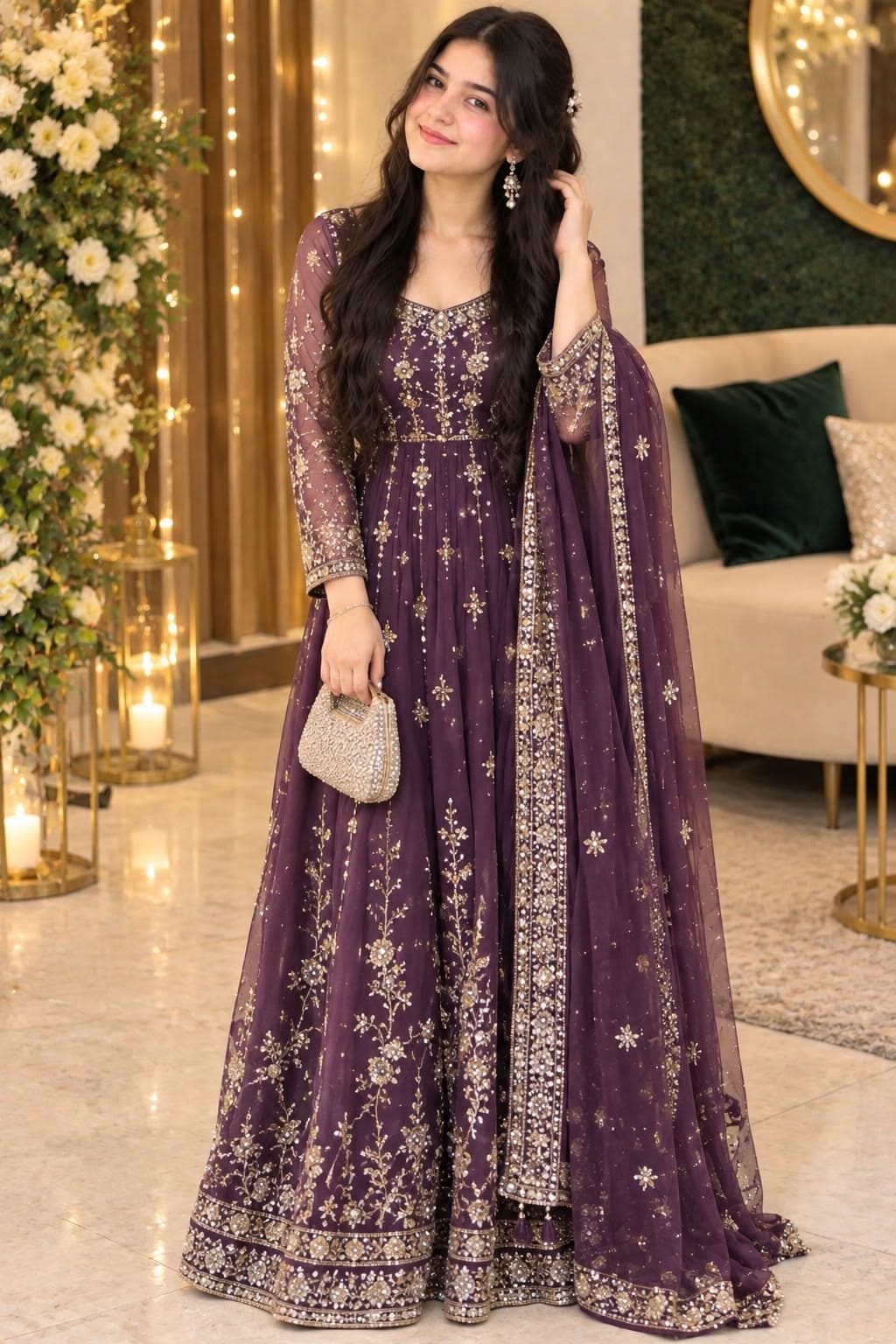 Festive Angrakha & Flared Pishwas in pure chiffon with micro sequins.
