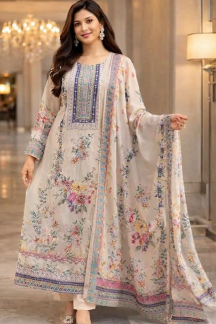 Luxury embroidered lawn 3-piece featuring organza cutwork & silk dupatta.